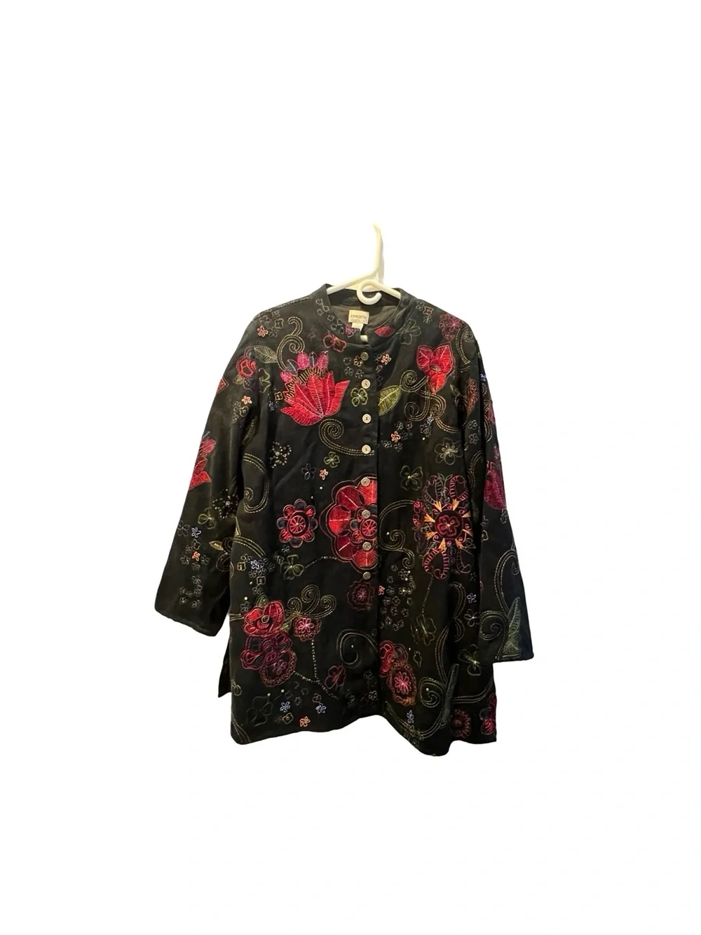 Chico’s Size 3 Embroidered Floral Art Jacket Boho Oversized